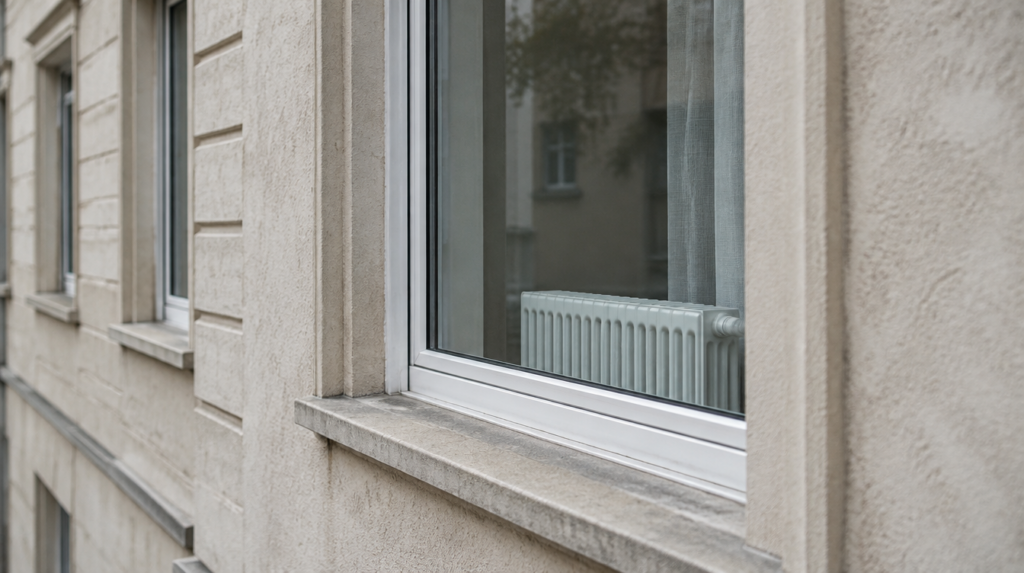 Fassade eines älteren Wohnhauses mit modernem Fenster