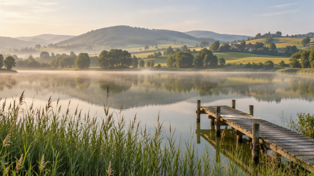 Ruhiger See im Morgenlicht mit Holzsteg und Schilf