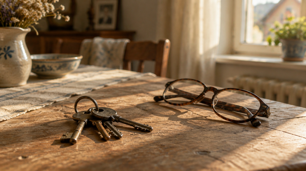 Alter Hausschlüsselbund und Lesebrille auf einem Holztisch