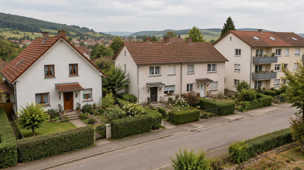 Wohnstraße mit Einfamilienhaus, Doppelhaus und kleinem Mehrfamilienhaus