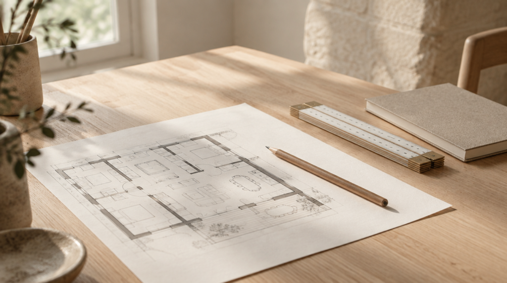 Grundriss, Bleistift und Zollstock auf einem hellen Holztisch