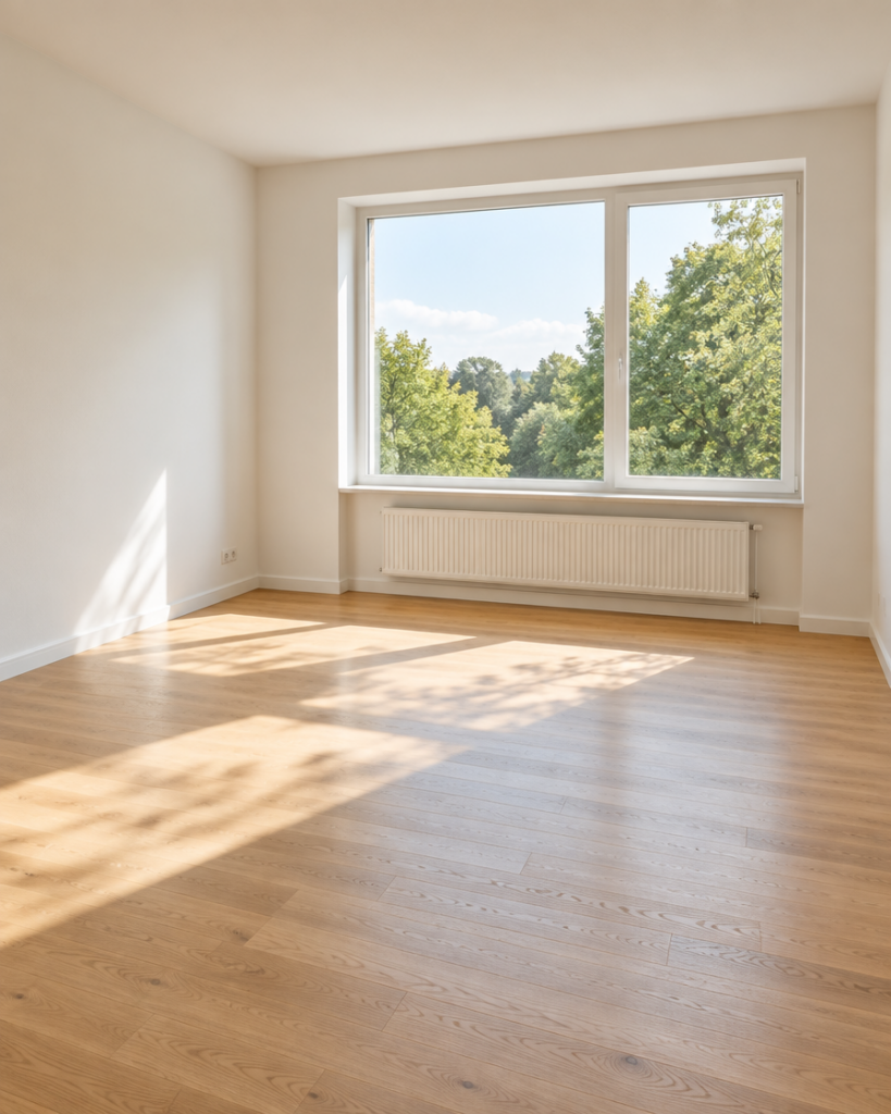 Helle leere Mietwohnung mit großem Fenster und Parkettboden