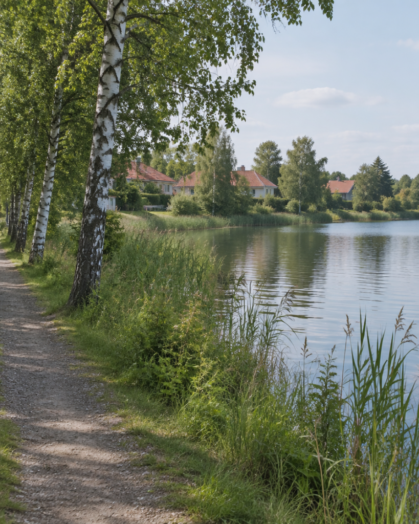 Uferweg mit Schilf und Wohnbebauung am See