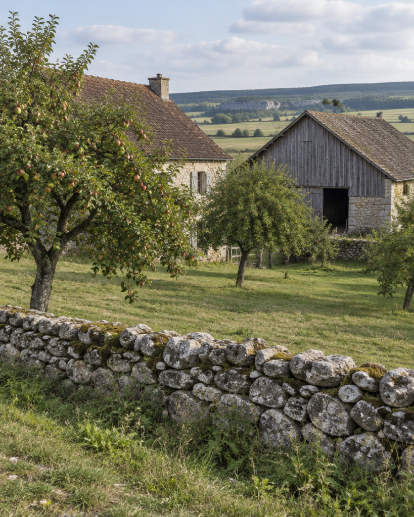 Hofstelle mit Jura-Steinmauer und Obstwiese