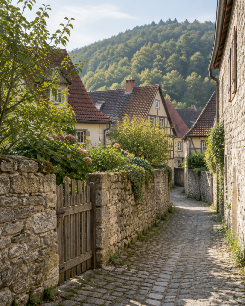 Gasse mit Bruchsteinmauern und bewaldetem Hügel dahinter