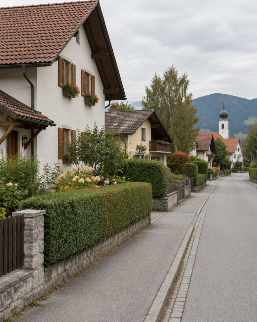 Wohnstraße mit Einfamilienhäusern und Vorgärten