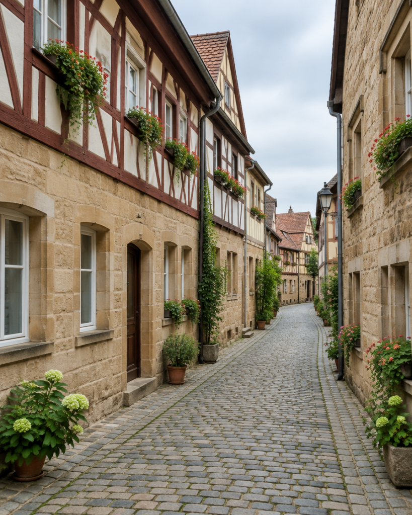 Altstadtgasse mit Sandstein- und Fachwerkfassaden